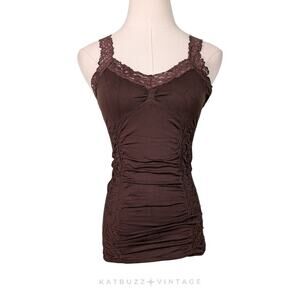 Lace Tank Top Cami Brown Y2K Whimsigoth Ruching Fairy Grunge Shaping Stretch